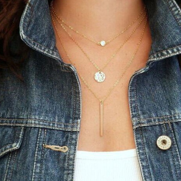 Jewelry - Gold Layered Chain Crystal Coin Bar Necklace